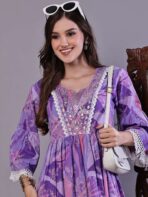 Wome's Purple Floral Cotton A-Line Dress with Lace Detailing Midi Dresses - Image 4