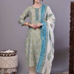 Women's Green & Blue Floral Chanderi Printed Kurta Set with Dupatta Suit Sets