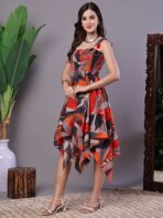 Women's Rust & Grey Abstract Print Cotton Handkerchief Hem Dress Midi Dresses - Image 3