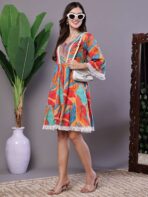 Wome's Vibrant Print Cotton Tunic Dress with Crochet Lace & Three-Quarter Sleeves Midi Dresses - Image 4