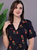 Women's Elegant Indigo & Orange Floral Block Print Cotton Shirt Dress - Image 4