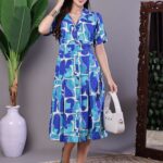 Women's Blue Abstract Print Cotton Shirt Dress