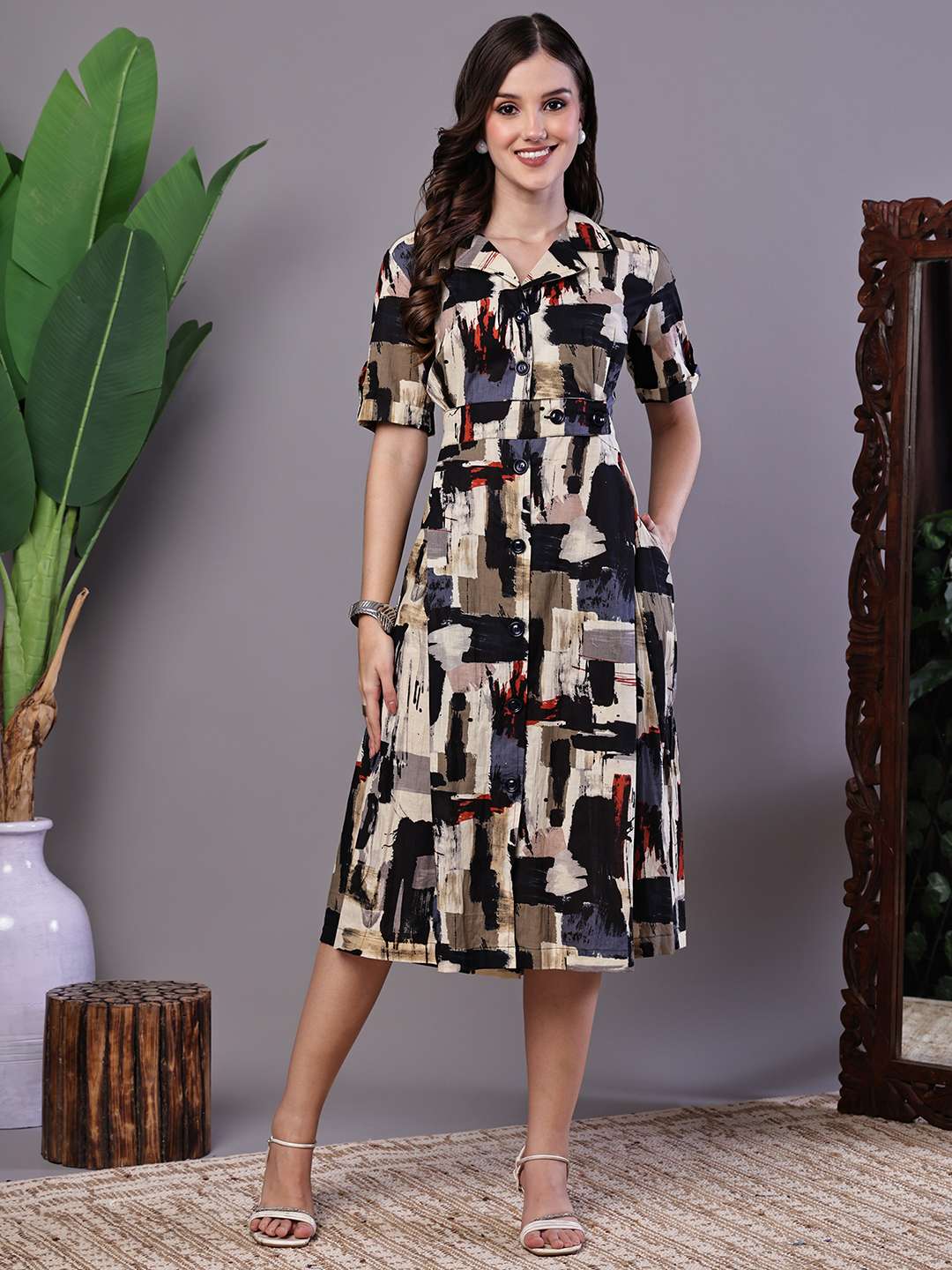 IU9yQ5.jpg Women's Beige & Black Abstract Print Cotton Shirt Dress Midi Dresses - Image 1