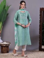 Women's Mint Green Chanderi Embroidered Kurta Set with Dupatta Suit Sets - Image 4