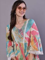 Wome's Multicolor Printed Cotton A-Line Dress with Embroidered Yoke Midi Dresses - Image 4
