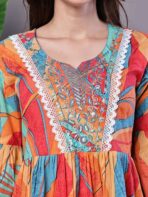 Wome's Vibrant Print Cotton Tunic Dress with Crochet Lace & Three-Quarter Sleeves Midi Dresses - Image 5