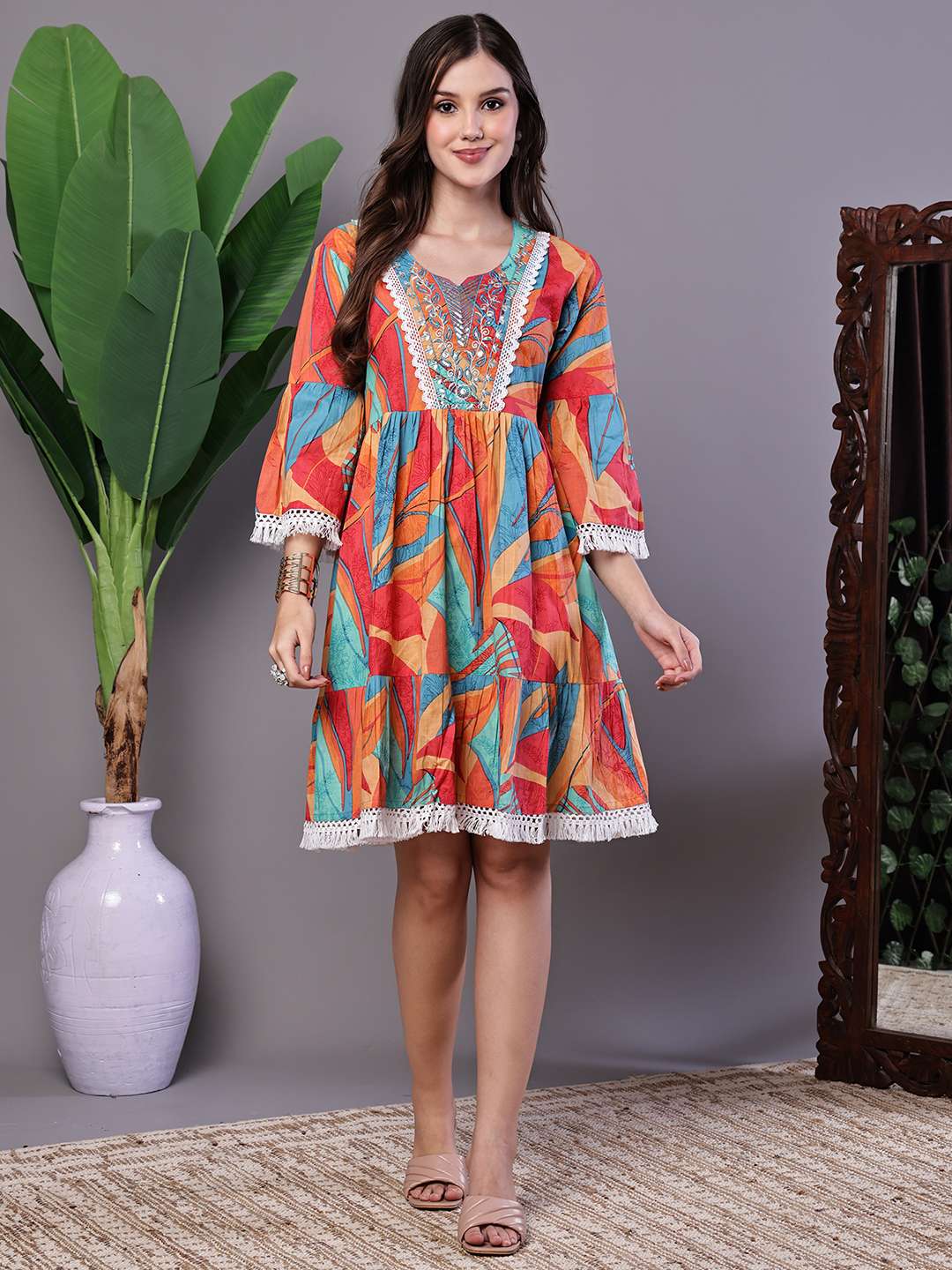 TMZrkZ.jpg Wome's Vibrant Print Cotton Tunic Dress with Crochet Lace & Three-Quarter Sleeves Midi Dresses - Image 1