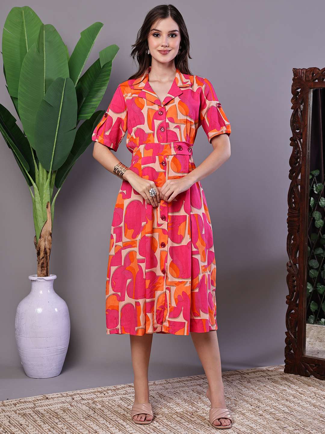 jBgNIC.jpg Women's Pink & Orange Abstract Print Cotton Shirt Dress - Image 1