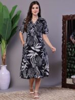 Women's Tropical Palm Print Black & White Cotton Shirt Dress
