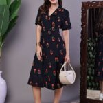 Women's Elegant Indigo & Orange Floral Block Print Cotton Shirt Dress