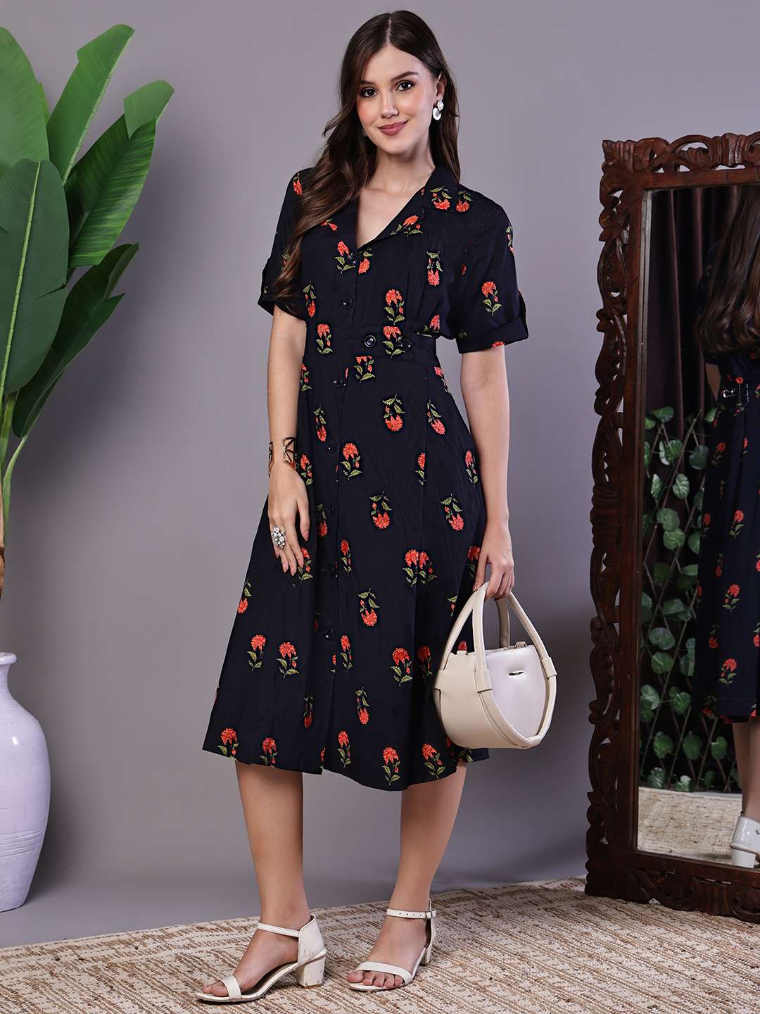 vBucjW.jpg Women's Elegant Indigo & Orange Floral Block Print Cotton Shirt Dress - Image 1