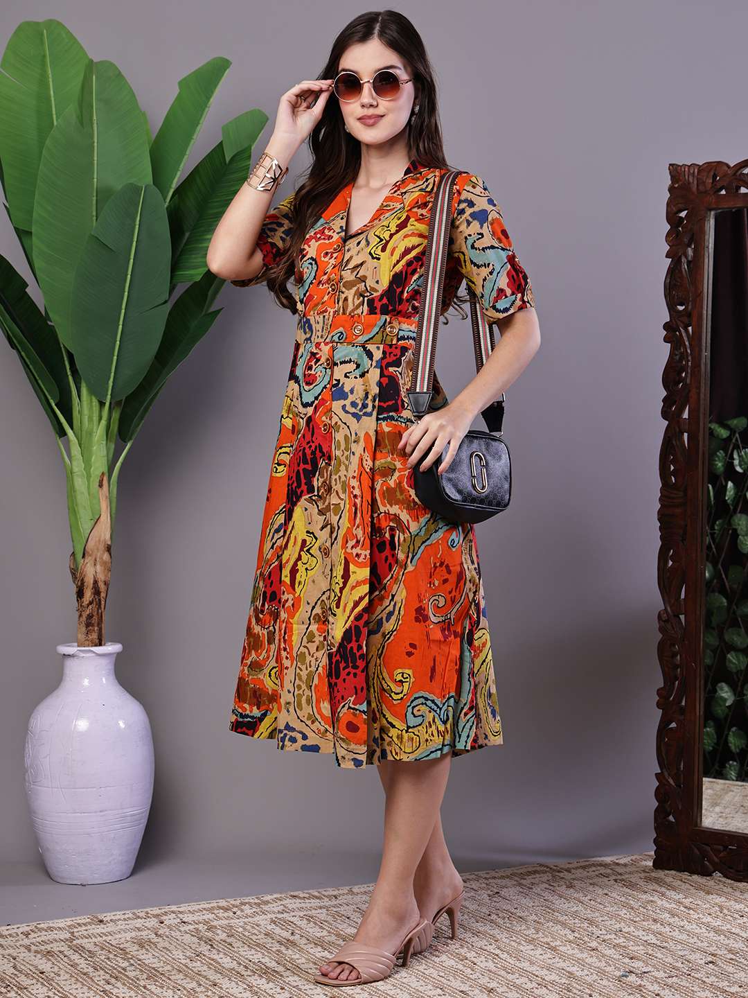 wBbAn1.jpg Women's Bohemian Chic Multi-Color Paisley Print Cotton Collared Midi Dress - Image 1